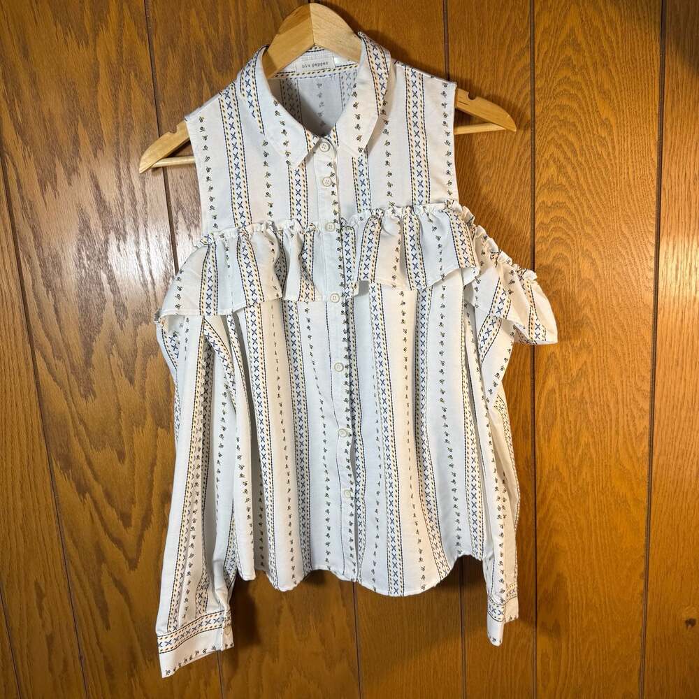 Blu Pepper Floral Print Cold Shoulder Ruffle Button Down Shirt